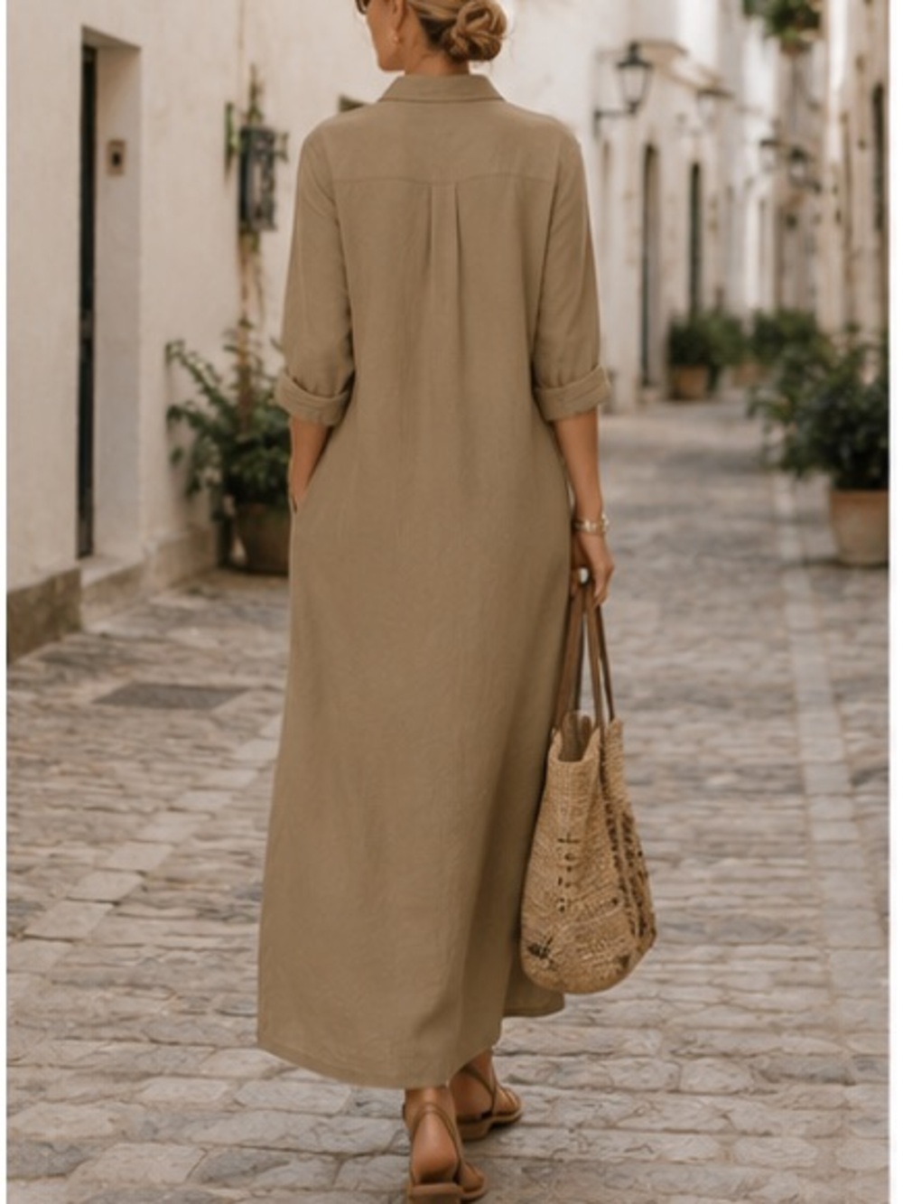 NWT Unbranded 100% Cotton Maxi Shirt Dress Khaki Long Sleeve Excellent Size L - Picture 2 of 5